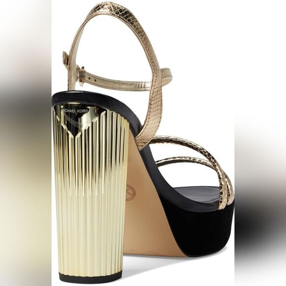 NEW 9 MICHAEL KORS LEATHER BLACK GOLD Porter STRAPPY PLATFORM HOLIDAY HEELS NWT - Picture 2 of 5